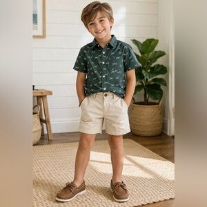 OLD NAVY Boys Dinosaur Button Up Short Sleeve Shirt + Khaki Shorts | Size 6